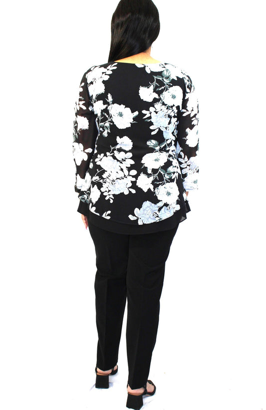 Floral Front Split Three-Quarter Sleeve Blouse