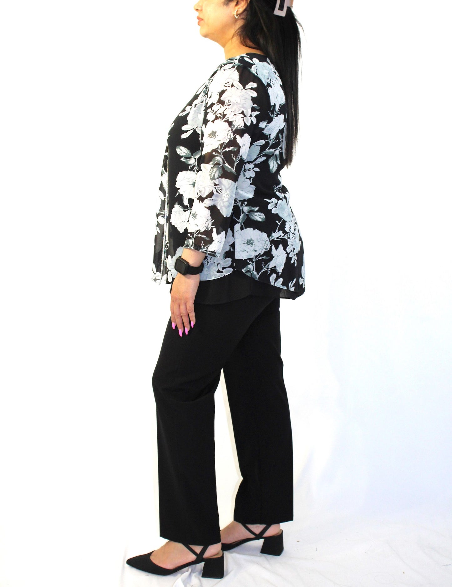 Floral Front Split Three-Quarter Sleeve Blouse