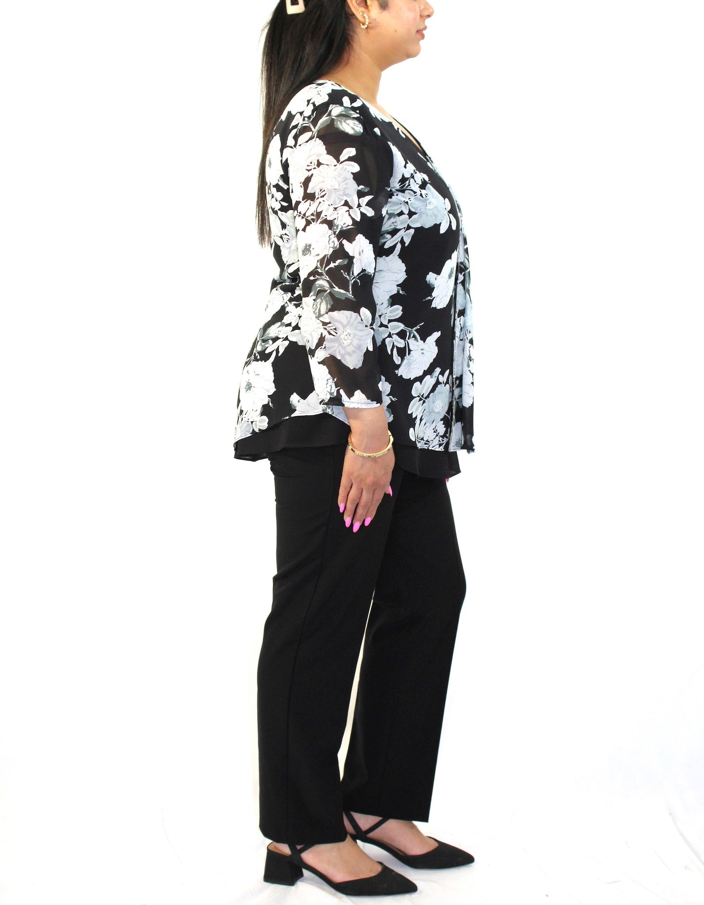 Floral Front Split Three-Quarter Sleeve Blouse