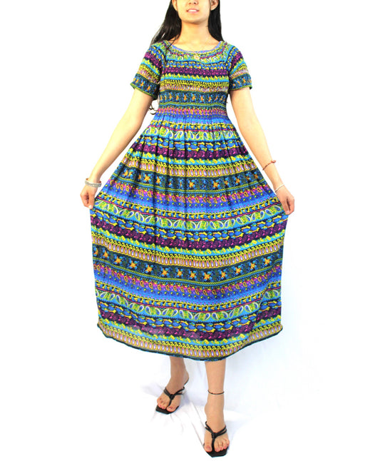 Half-Sleeve Multi-Patterned Midi Dress