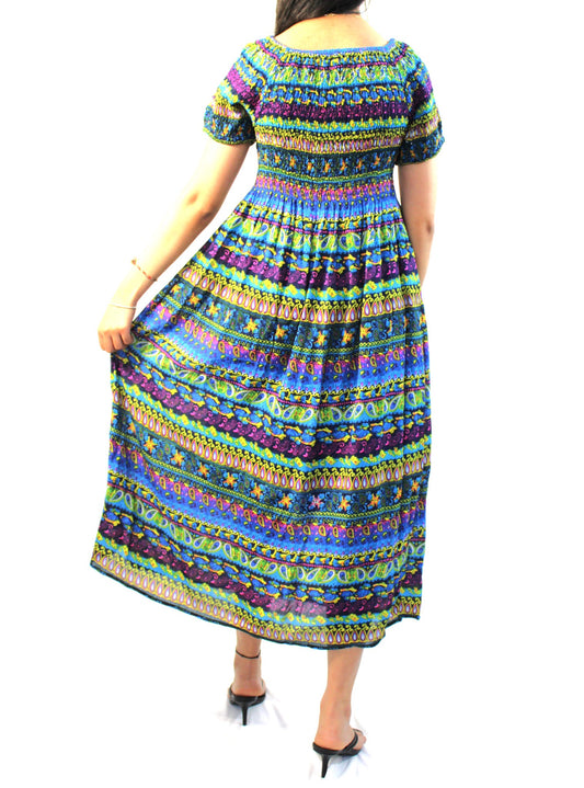 Half-Sleeve Multi-Patterned Midi Dress