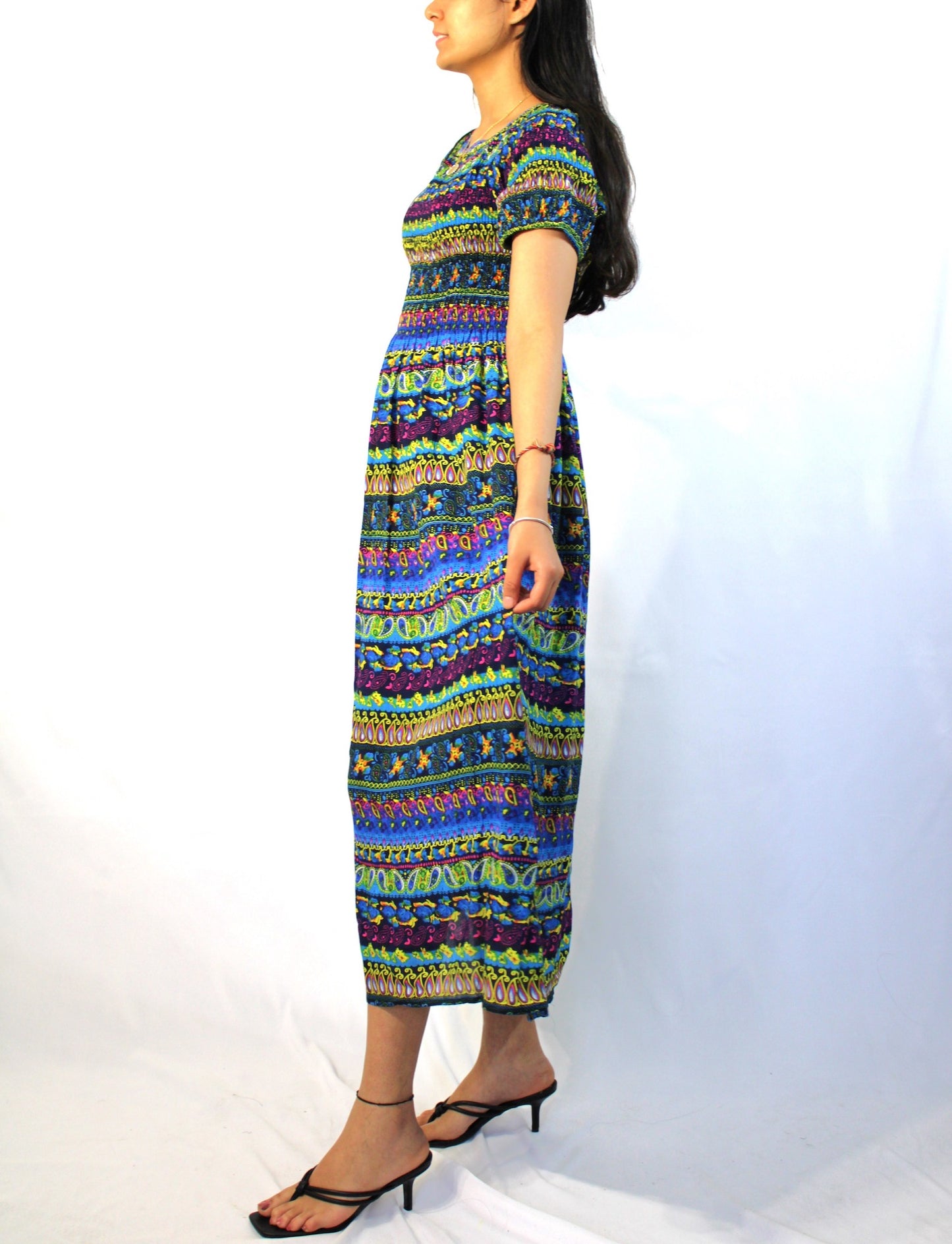 Half-Sleeve Multi-Patterned Midi Dress