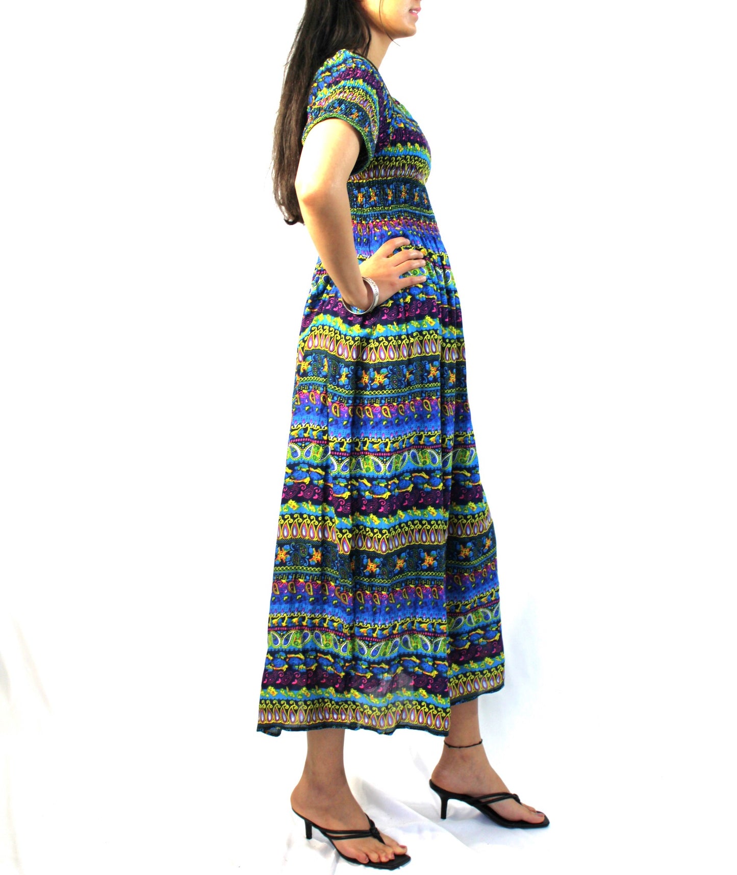 Half-Sleeve Multi-Patterned Midi Dress