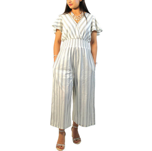 Striped Half-Sleeve Midi Jumpsuit