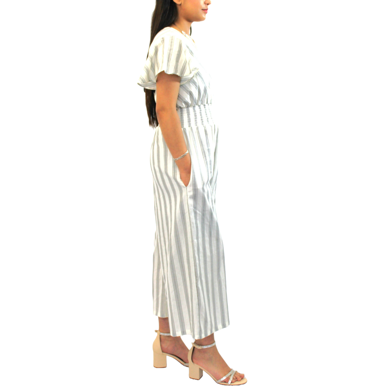 Striped Half-Sleeve Midi Jumpsuit