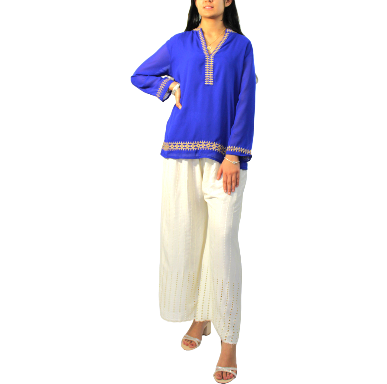 V-Neck Chiffon Long-Sleeve Kurtas